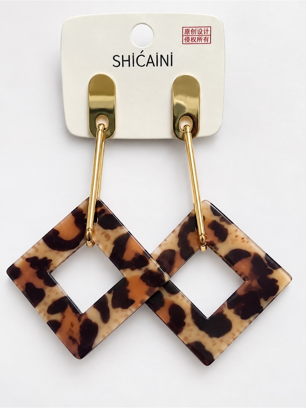 Leopard Print Geometric Drop Earrings – Gold Tone Statement Earrings